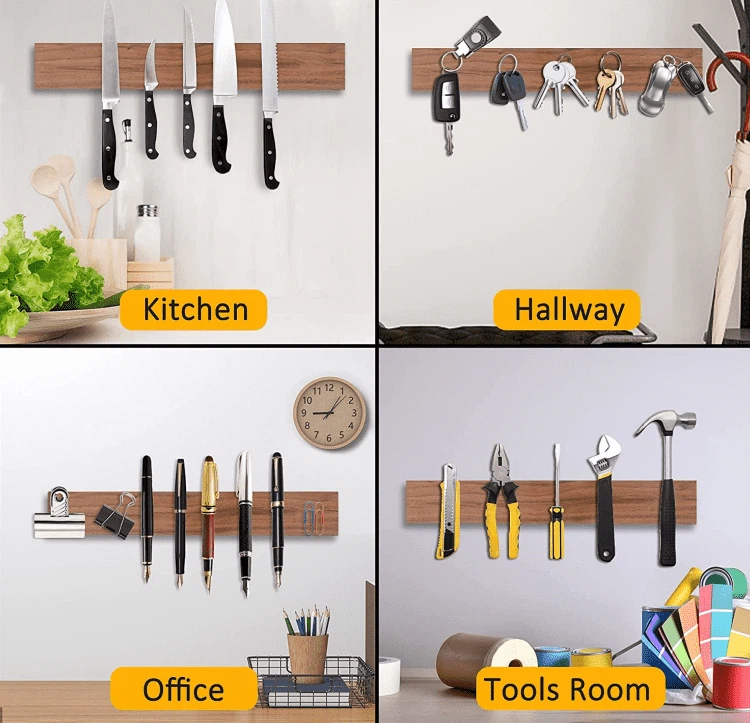 Magnetic Knife Holder for Kitchen Wall - Walnut Wood Knife Strip with Integrated Storage Magnetic Knife Holder for Kitchen Wall - Walnut Wood Knife Strip with Integrated Storage